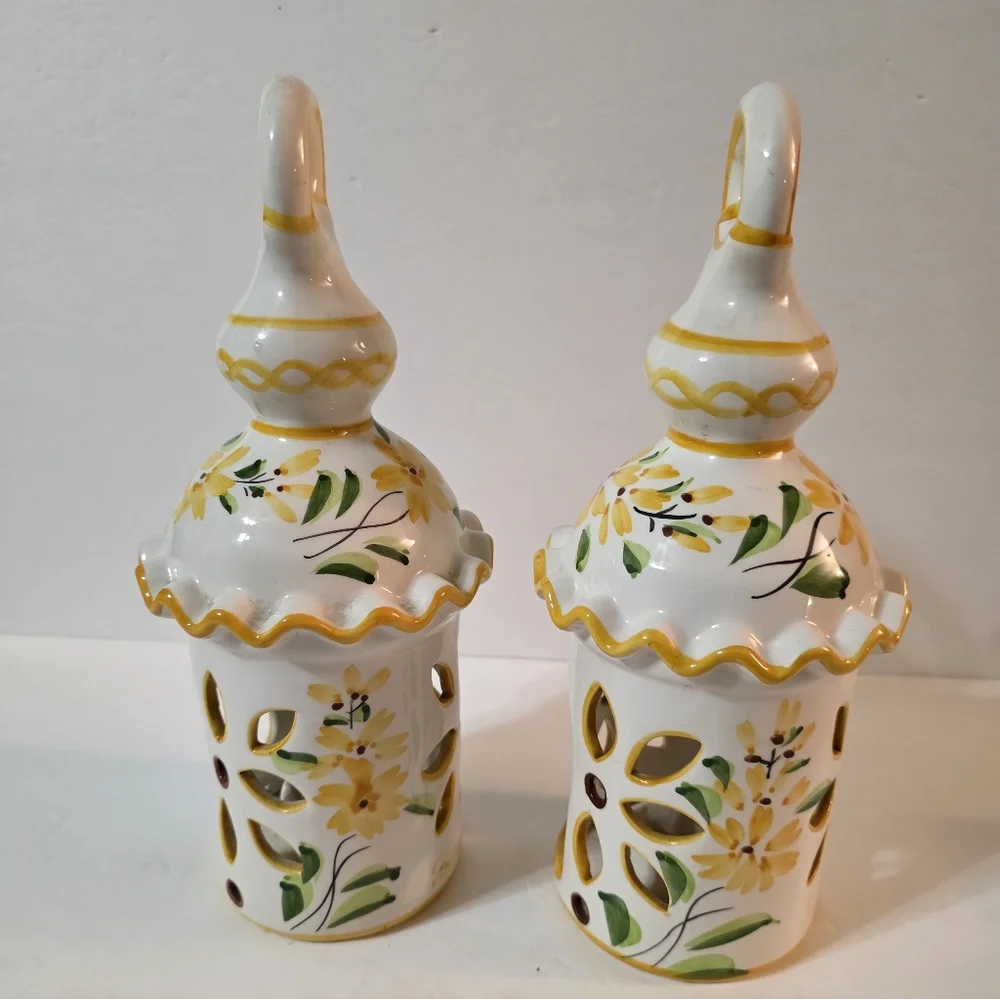 Vtg Art Pottery Candle Lanterns Flower Design